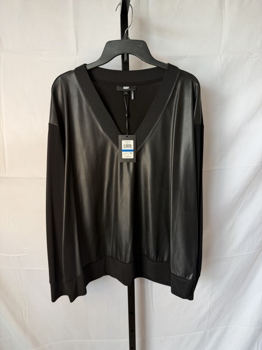 DKNY Pullover Women's Black Faux Leather Mixed Media Top Sz XL NWT